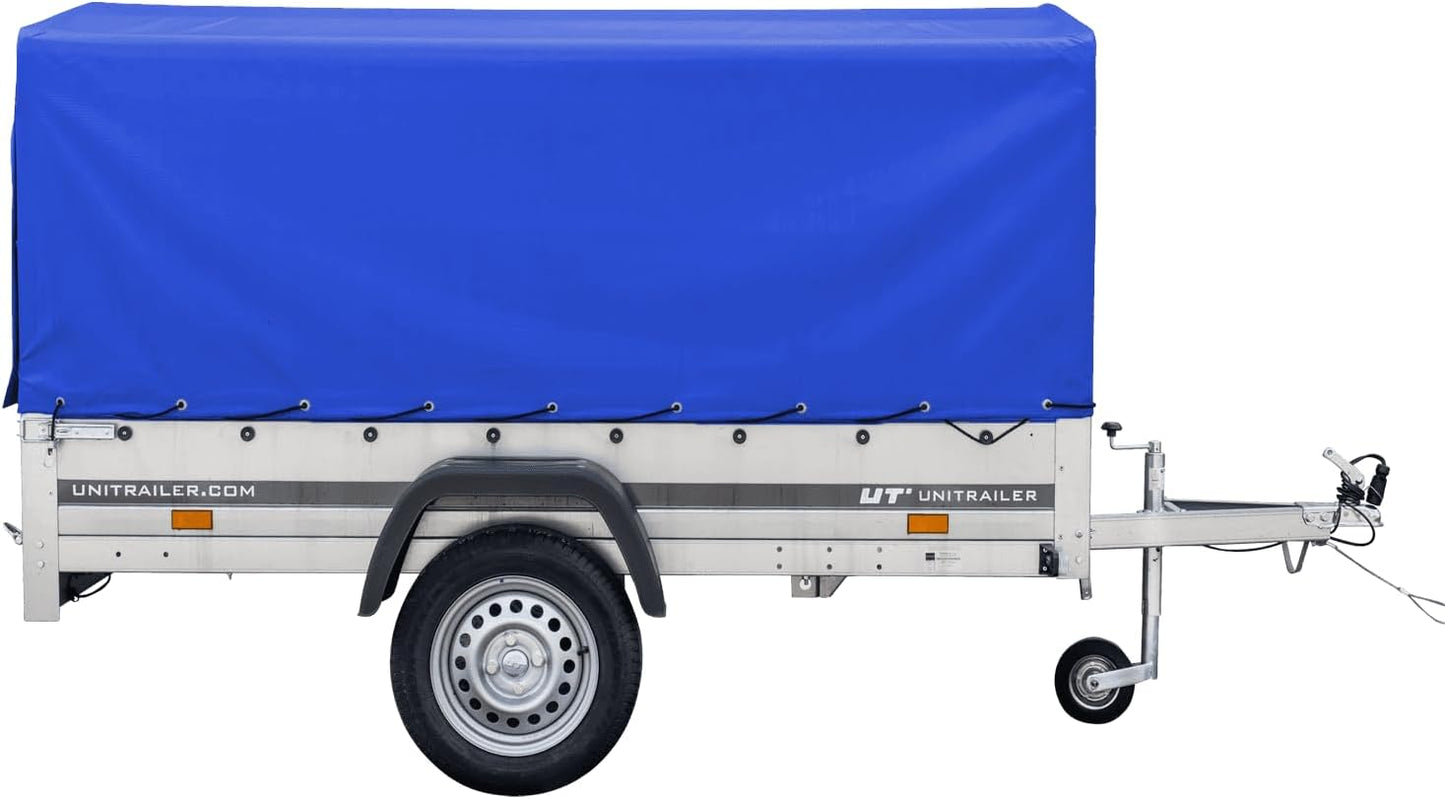 UNITRAILER Auto Anhänger 230x125 Garden Trailer 230 Kipp 750 kg mit Stützrad, Blauer Hochplane und Hochspriegel