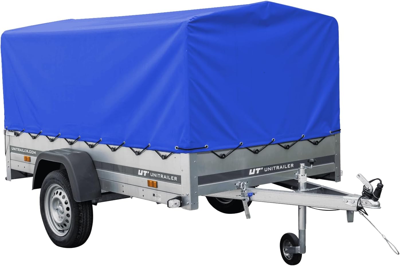 UNITRAILER Auto Anhänger 230x125 Garden Trailer 230 Kipp 750 kg mit Stützrad, Blauer Hochplane und Hochspriegel