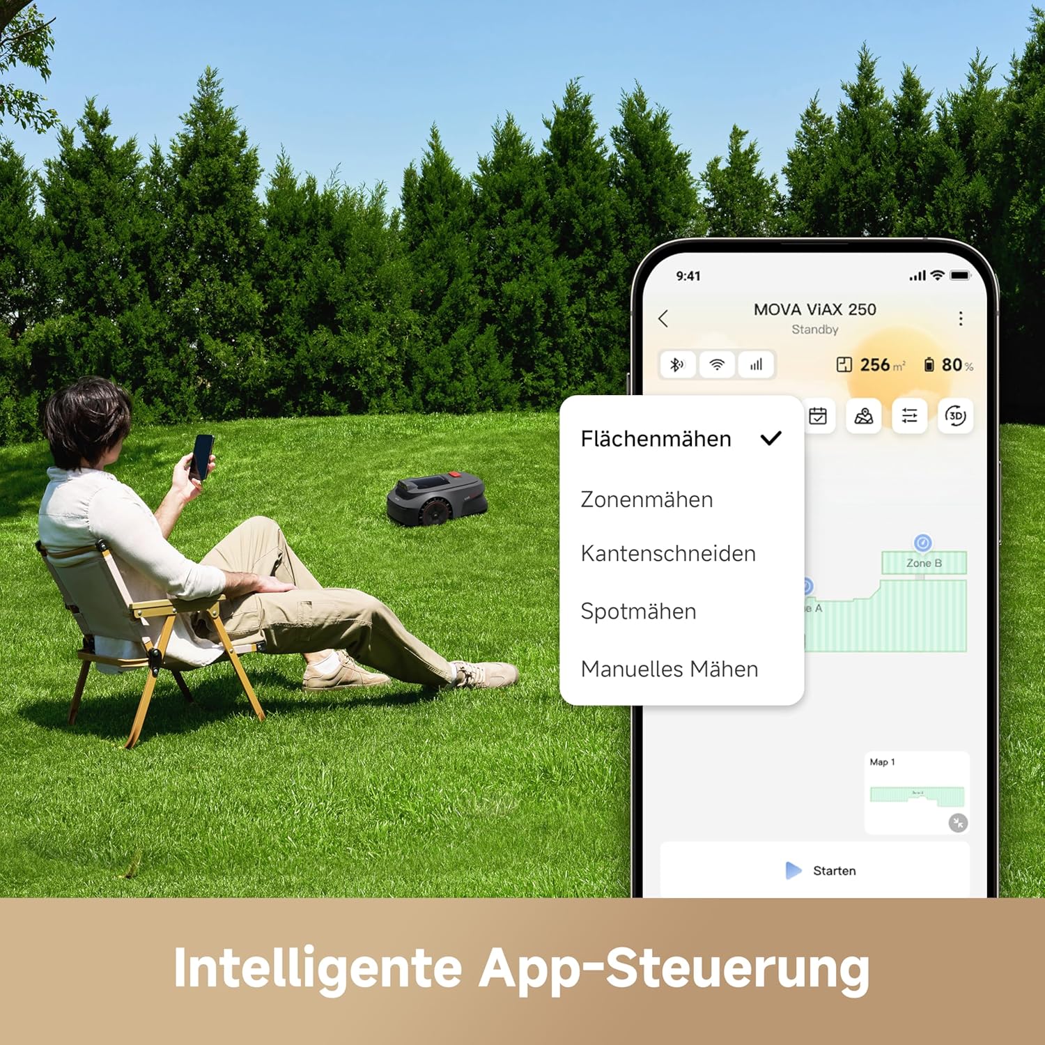 MOVA ViAX 250 Mähroboter ohne Begrenzungskabel, Empfangsbereich 250 m², KI-gestützte Kartierung, U-förmige Spuren, Hindernisvermeidung mit Dual Vision, besserer Kantenschnitt, für komplexes Gelände, App-Steuerung